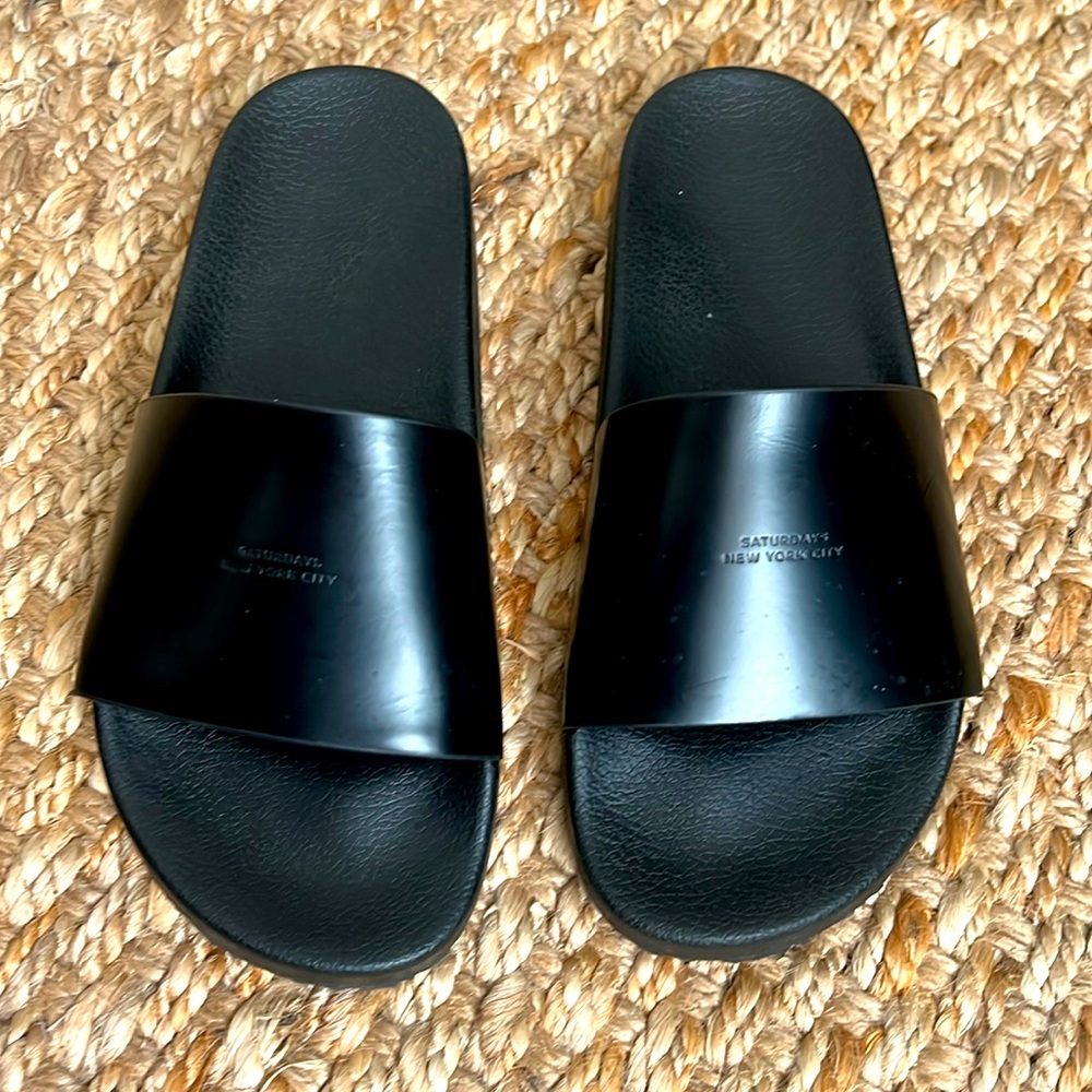 Saturdays NYC - Banya Logo-Debossed Leather Slides - Black